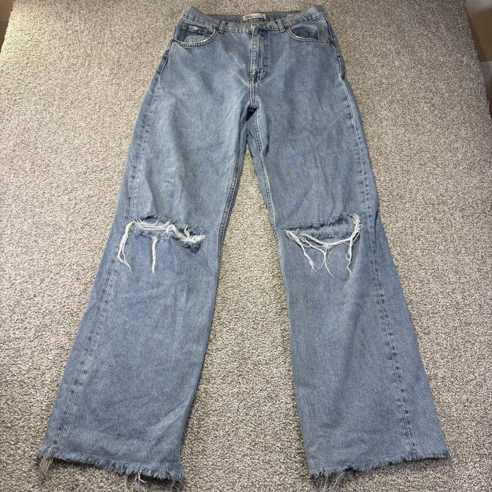 Zara The 90s Full Length Jeans Womens 8 Blue Light Wash Distressed Denim